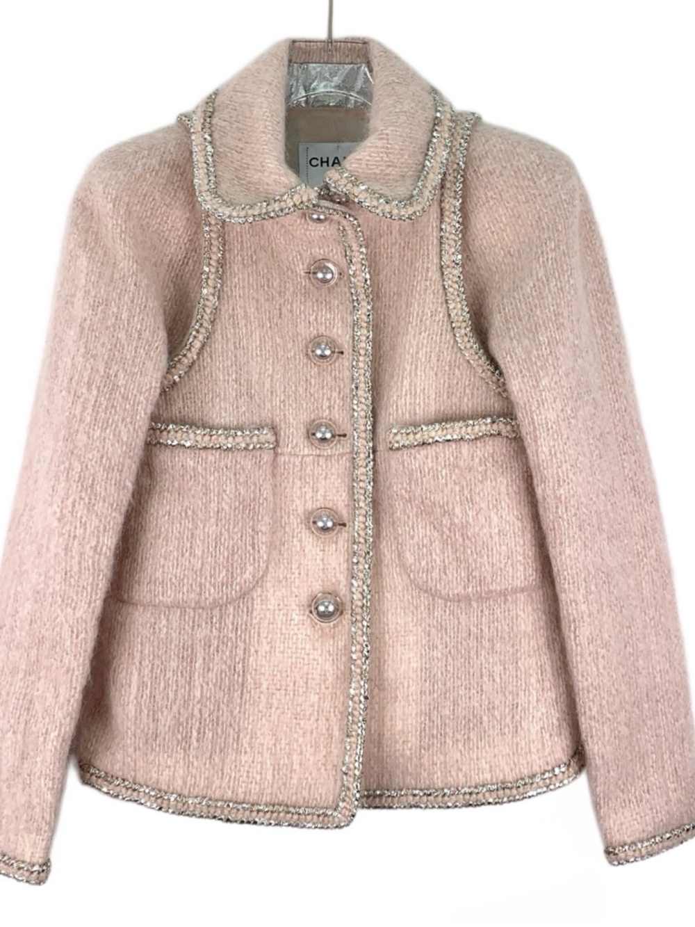 Chanel Pink-Trimmed Mohair Lapel Long-Sleeve Jacket with Pearl Buttons